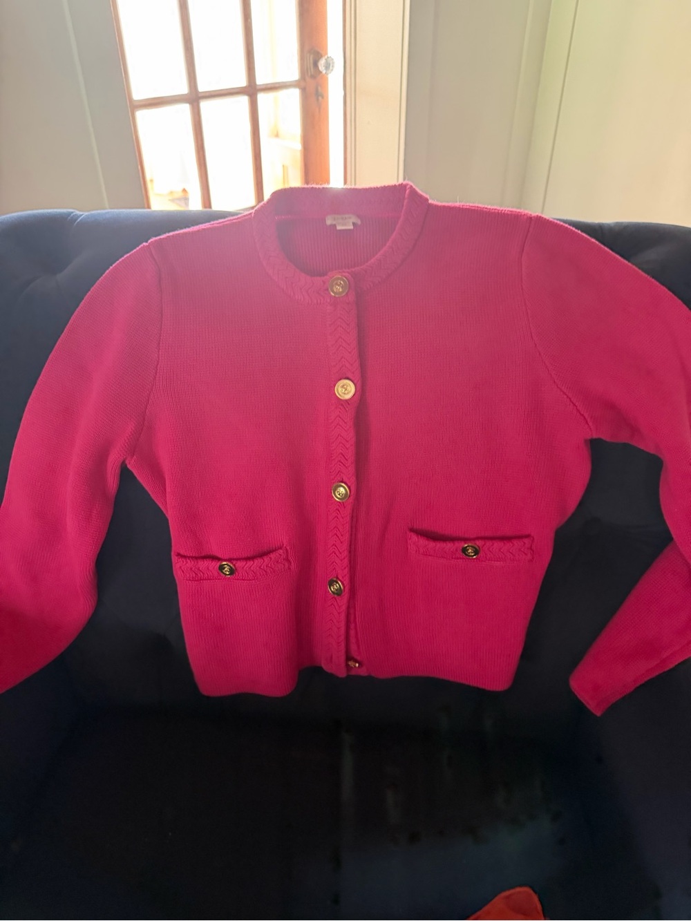 J. Crew Hot Pink Gold-Button Crewneck Cardigan